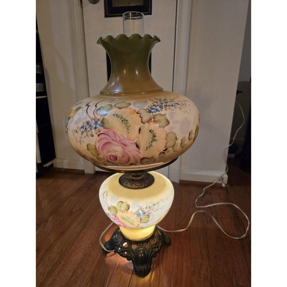 Vintage Gone With The Wind Hand Painted Hurricane Lamp 26”3 Way GORGEOUS!!!